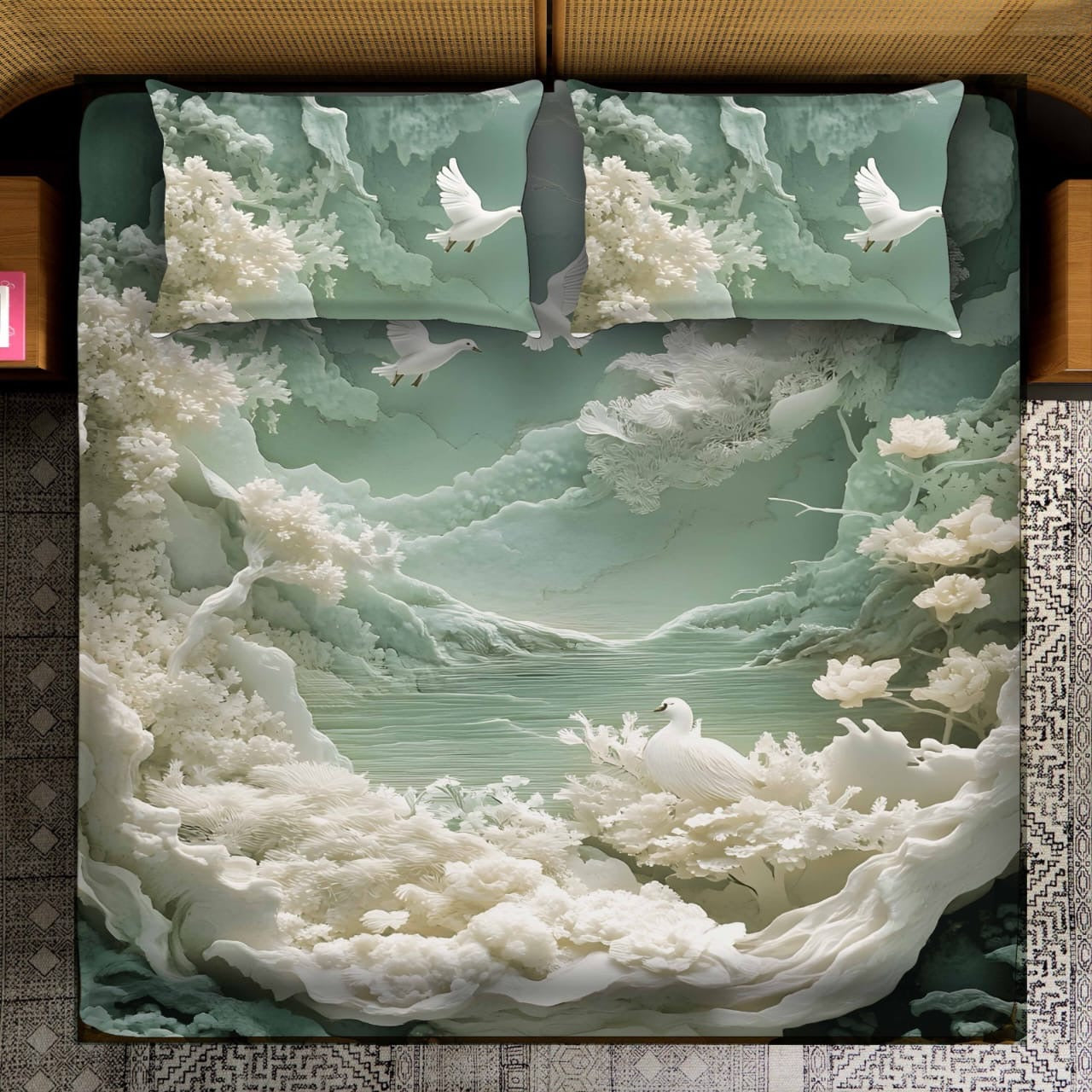 Mystic Dove Paradise – Premium 7D Digital Print Bedsheet | King Size 108x108