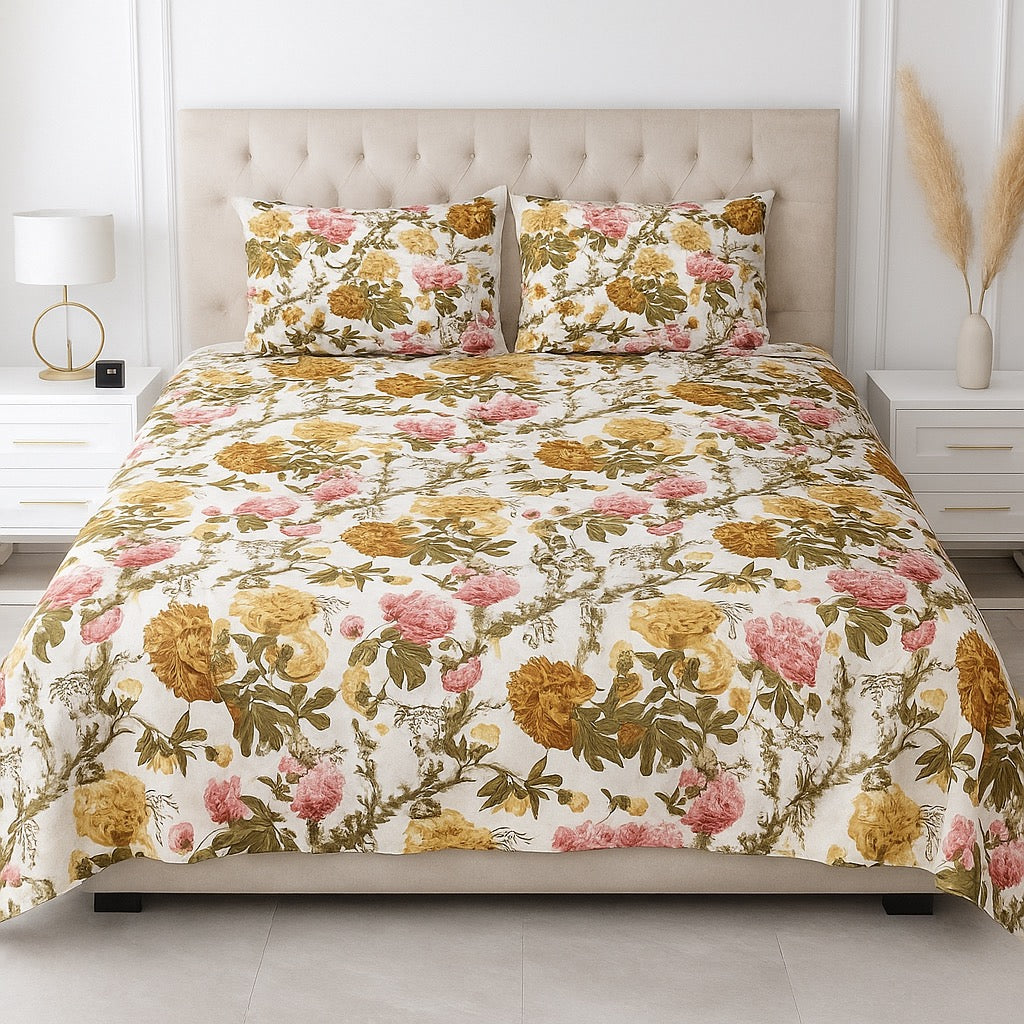 Golden Bloom |  100% Cotton Bedsheet King Size