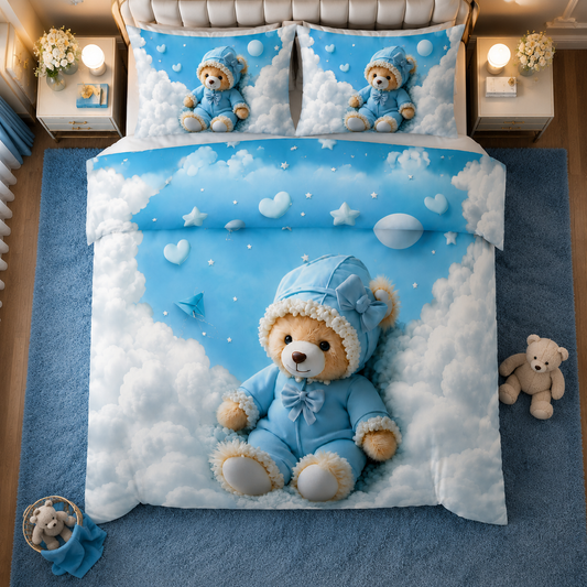 7D Bedsheet | Cloudy Teddy Dreams | King Size Bedsheet with 2 Pillow Covers