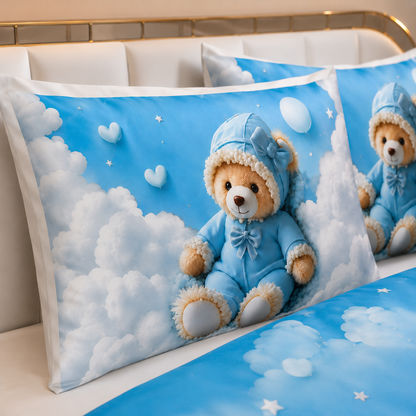 7D Bedsheet | Cloudy Teddy Dreams | Double Bed Sheet with 2 Pillow Covers