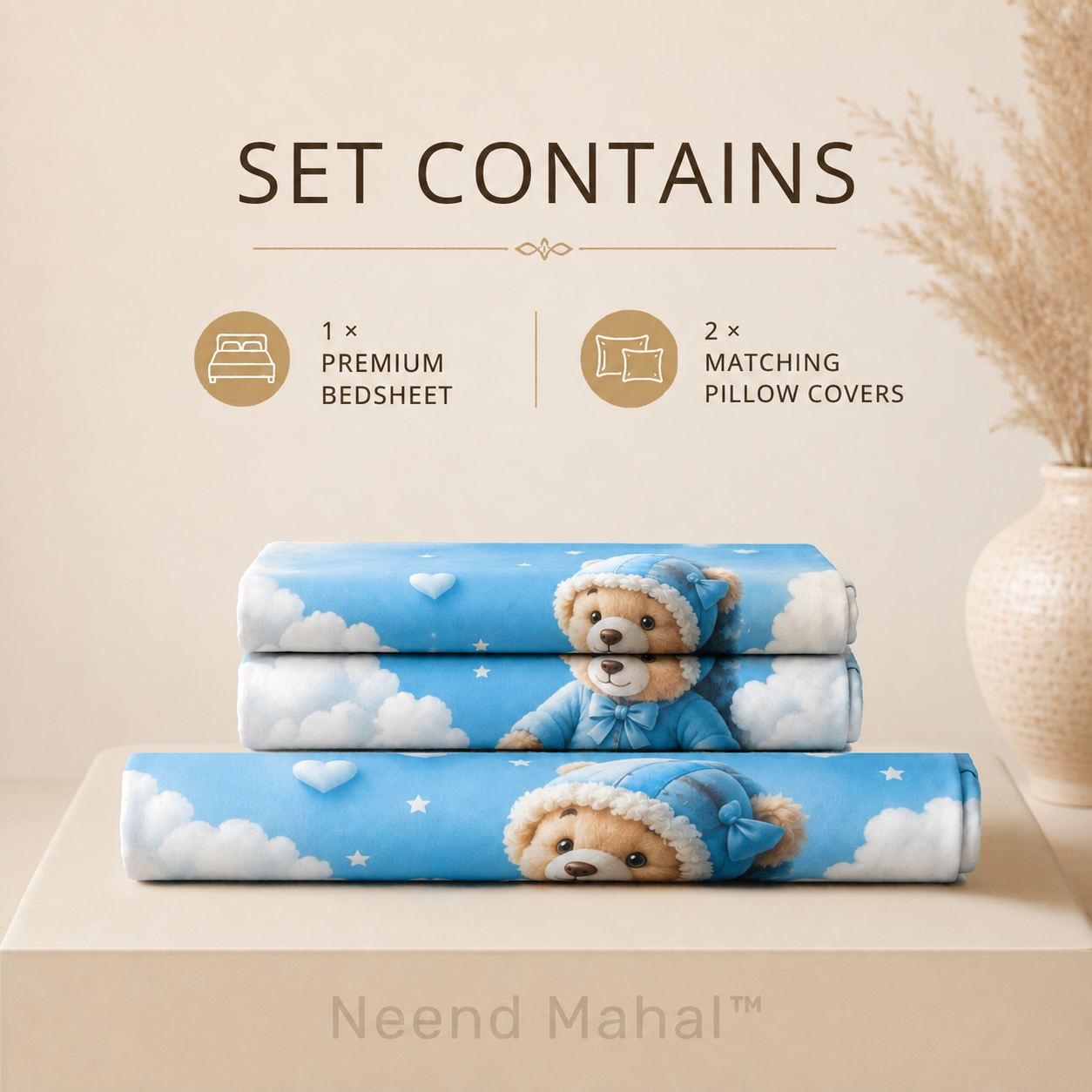 7D Bedsheet | Cloudy Teddy Dreams | Double Bed Sheet with 2 Pillow Covers