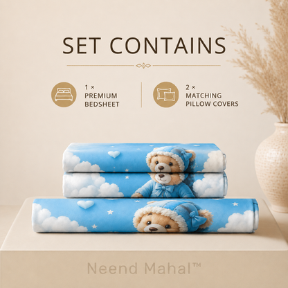 7D Bedsheet | Cloudy Teddy Dreams | Double Bed Sheet with 2 Pillow Covers