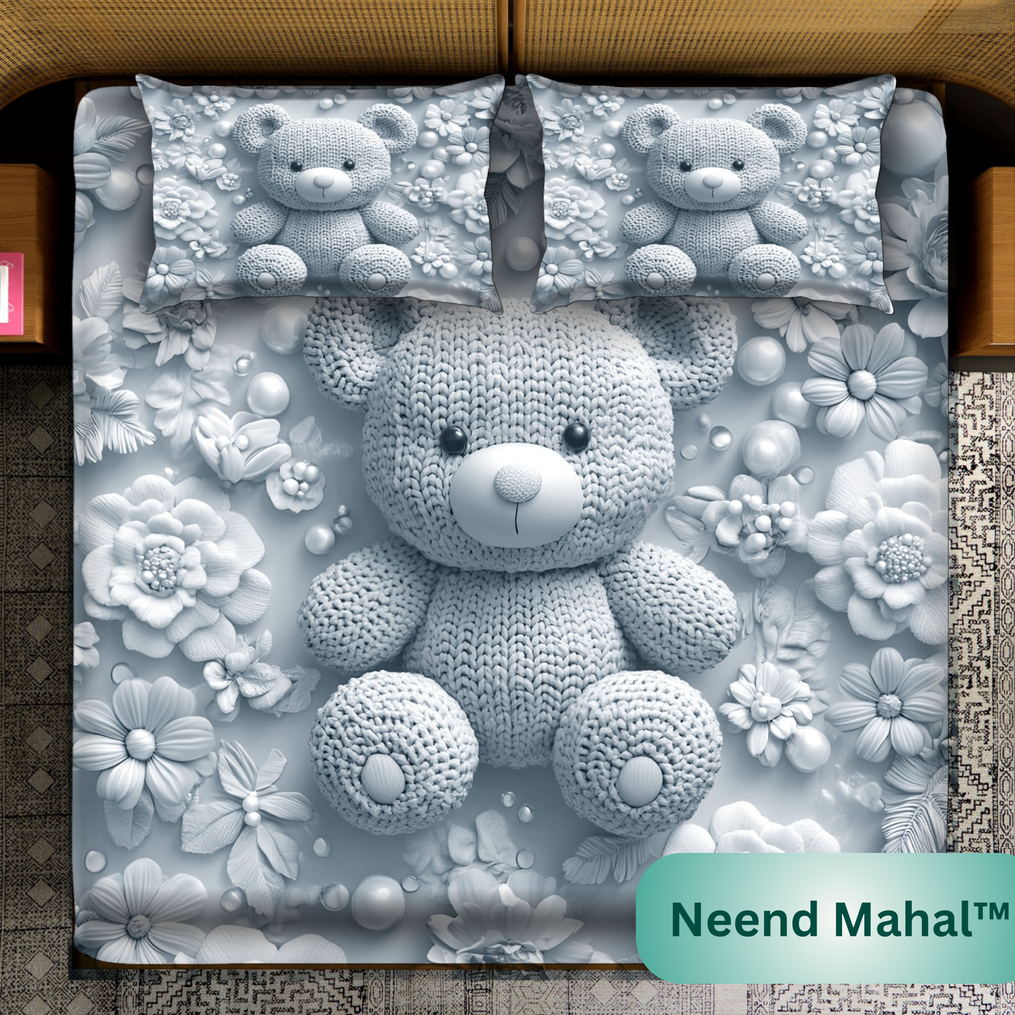 Knitted Teddy Love – 7D Digital Bedsheet | King Size Bedsheet with 2 Pillow Covers
