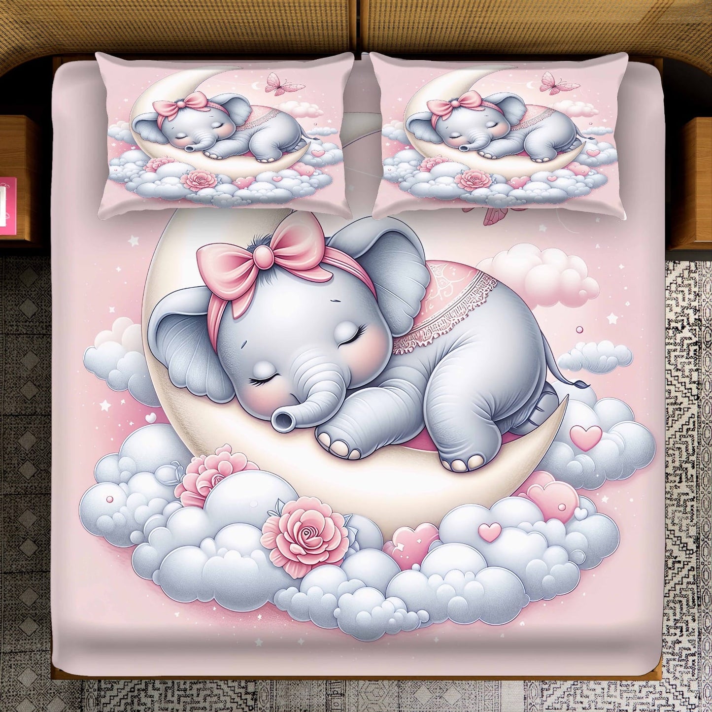 7D Bedsheet | Moonlight Baby Elephant | Bedsheet with 2 Pillow Covers