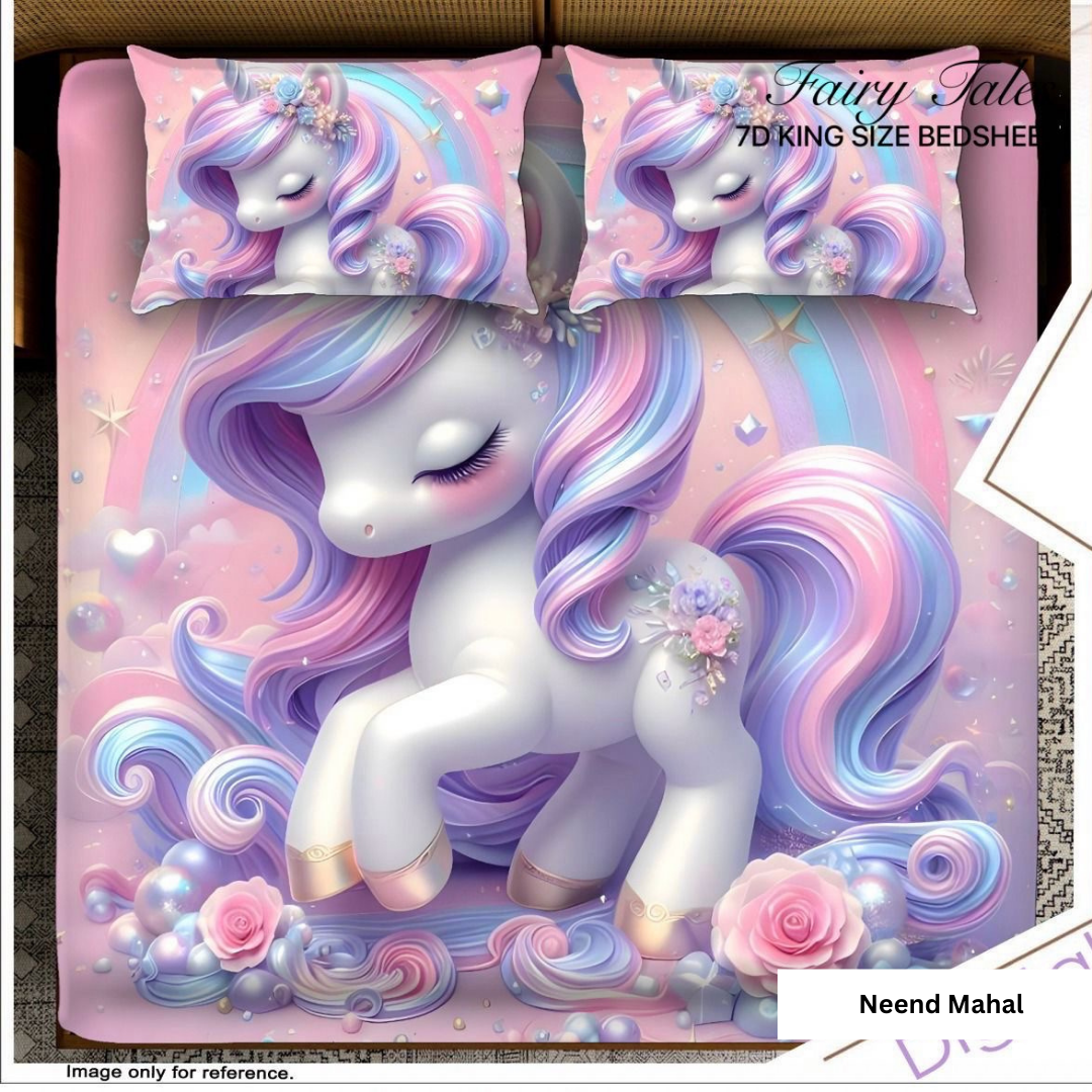 Rainbow Unicorn Dreams – Cartoon Kids Unicorn Bedsheet | 7D Digital Print | King Size