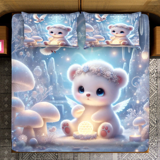 Celestial Angel Bear 7D Dream Fantasy Bedsheet | King Size Bedsheet with 2 Pillow Covers