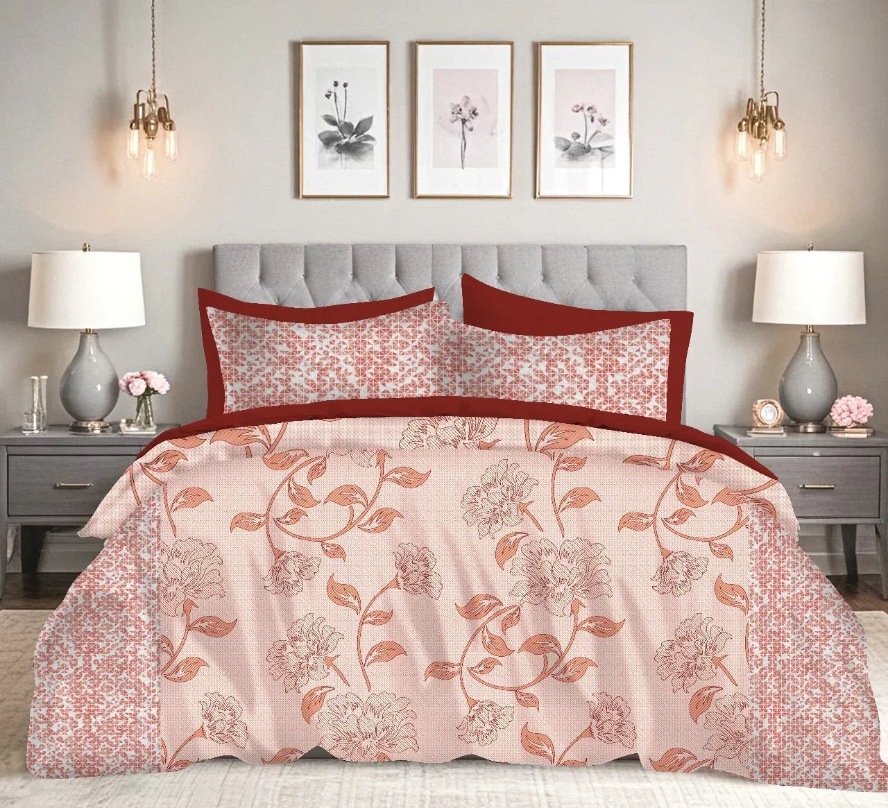 Peach Blossom Charm – Premium Floral Double Bedsheet