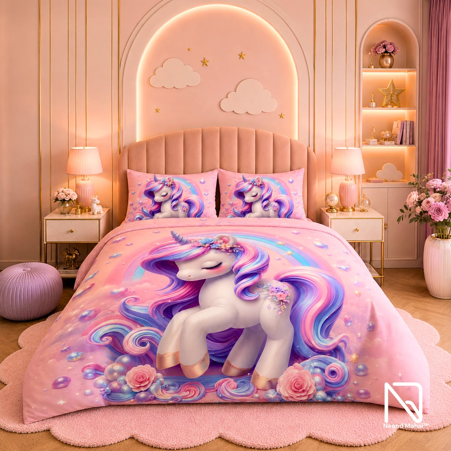 7D Bedsheet | Rainbow Unicorn | King Size Bedsheet with 2 Pillow Covers