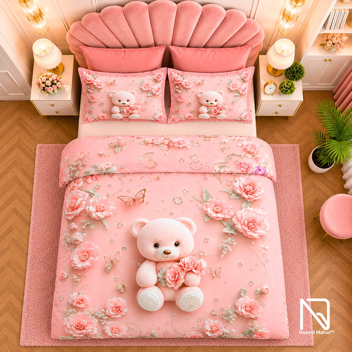 7D Bedsheet | Blush Teddy | Bedsheet with 2 Pillow Covers