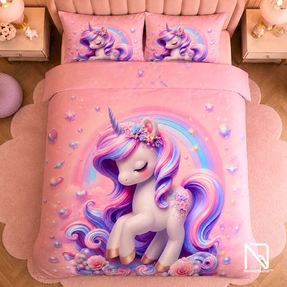 7D Bedsheet | Rainbow Unicorn | King Size Bedsheet with 2 Pillow Covers