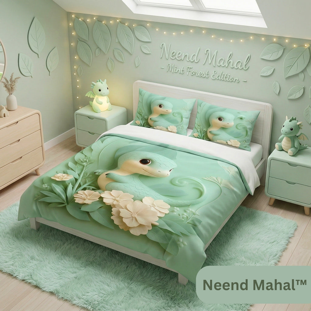 Mint green dragon-themed bedsheets with floral 3D design, cozy kids' bedroom decor, soft luxury bedding set