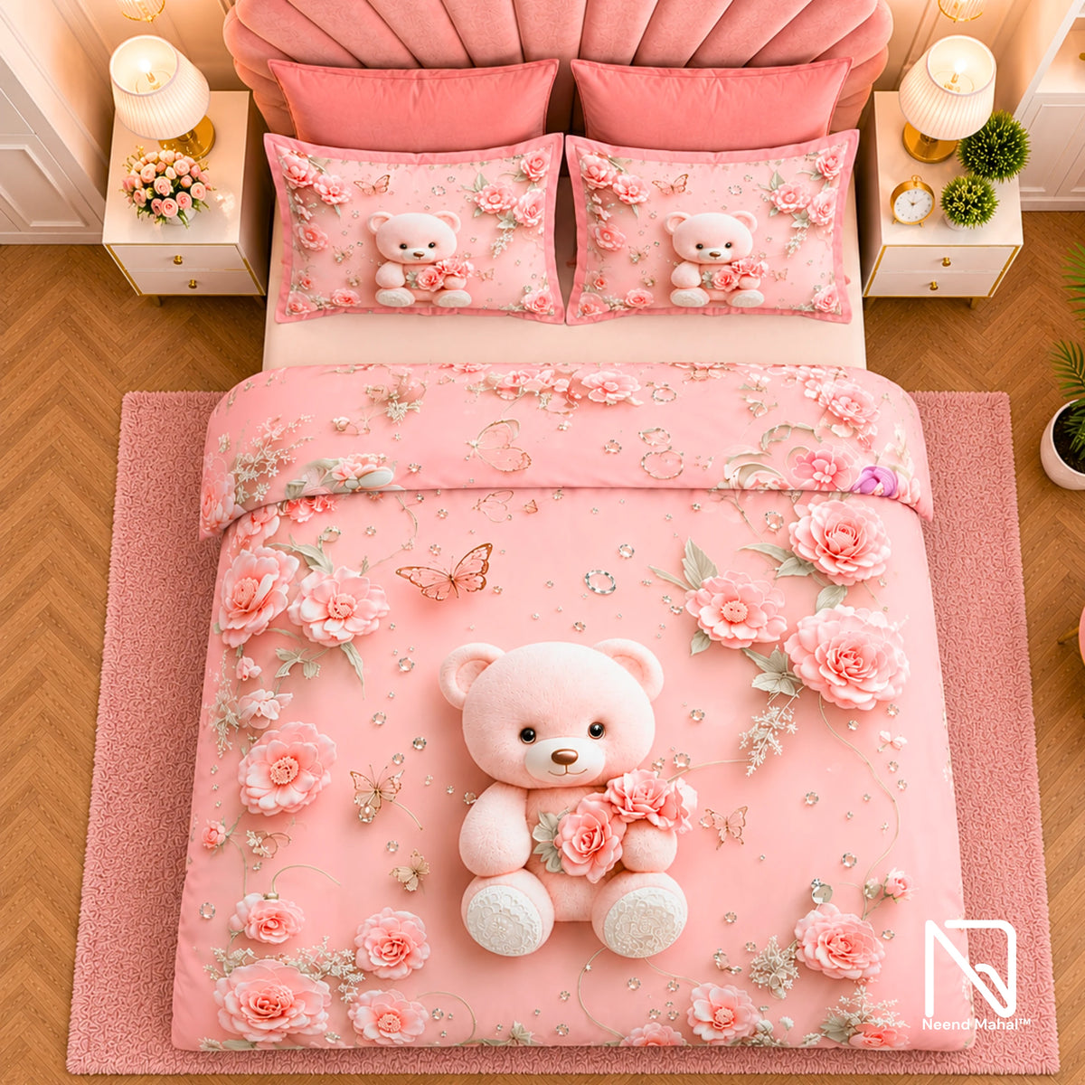 7D Bedsheet | Blush Teddy | Bedsheet with 2 Pillow Covers