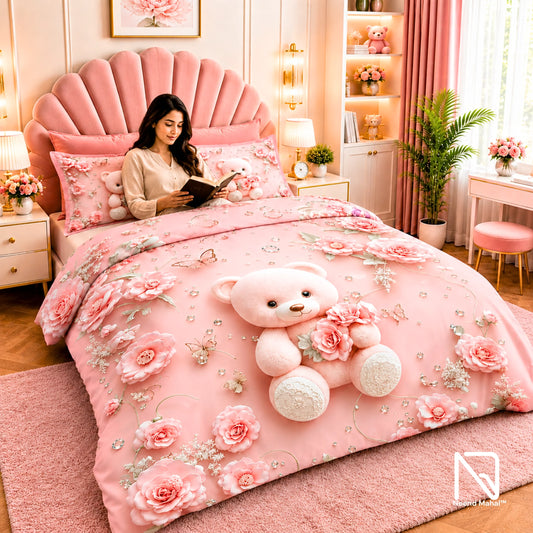 7D Bedsheet | Blush Teddy | Bedsheet with 2 Pillow Covers