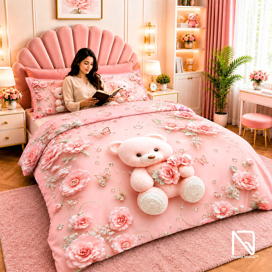7D Bedsheet | Blush Teddy | Bedsheet with 2 Pillow Covers