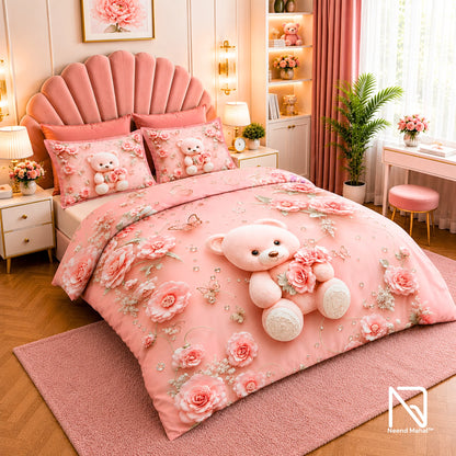 7D Bedsheet | Blush Teddy | Bedsheet with 2 Pillow Covers