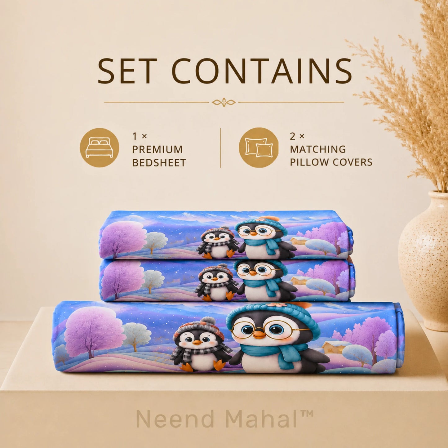 7D Bedsheet | Penguin Winter | King Size Bedsheet with 2 Pillow Covers