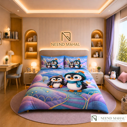 7D Bedsheet | Penguin Winter | King Size Bedsheet with 2 Pillow Covers