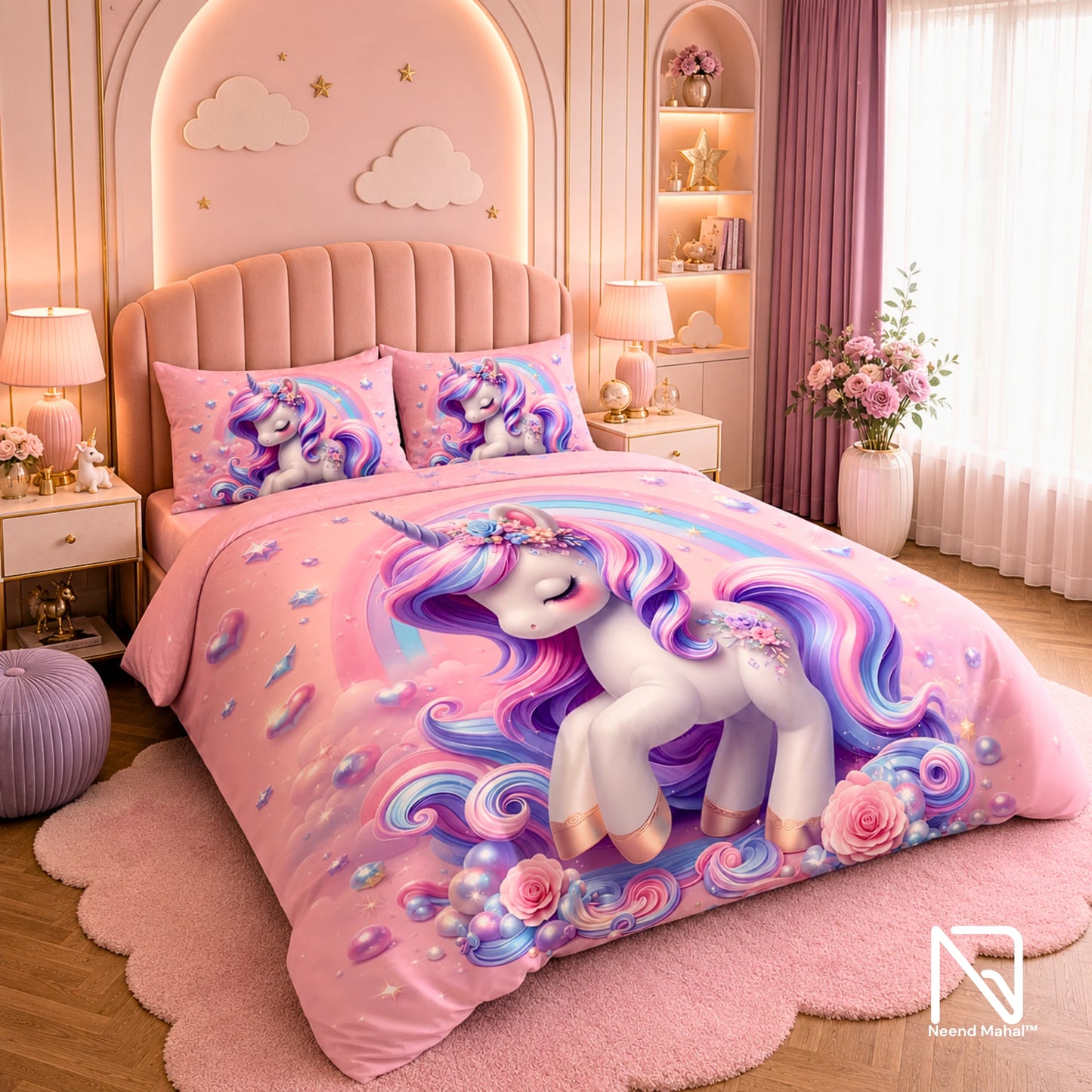 7D Bedsheet | Rainbow Unicorn | King Size Bedsheet with 2 Pillow Covers