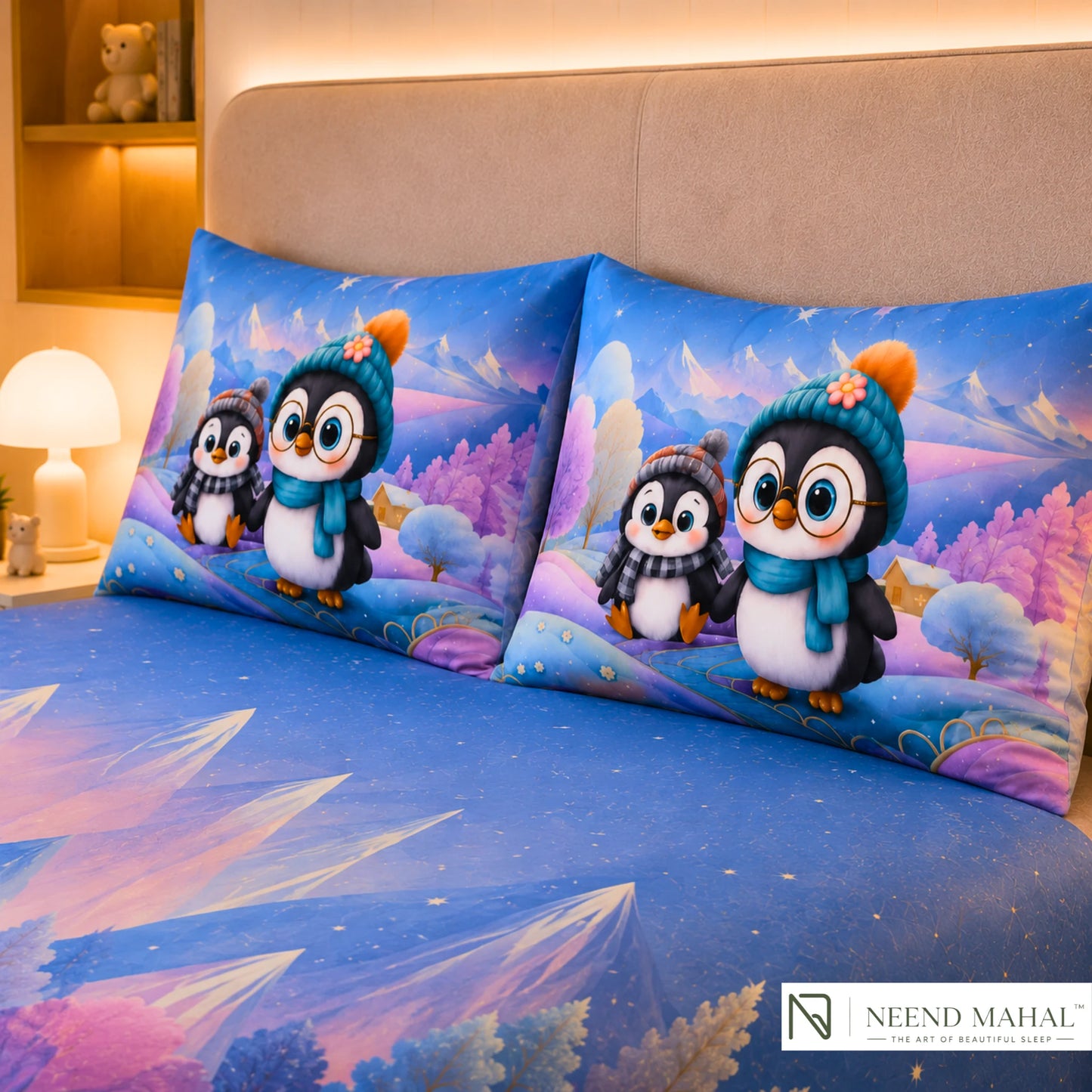 7D Bedsheet | Penguin Winter | King Size Bedsheet with 2 Pillow Covers