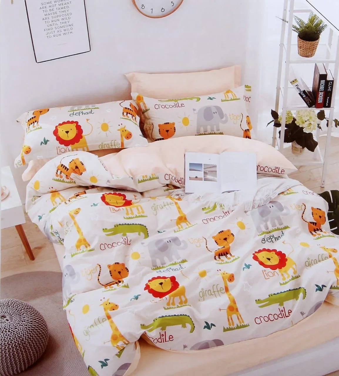 Safari School – Kids Bedsheet Set | Learn Animal Names Print | Cotton | King Size
