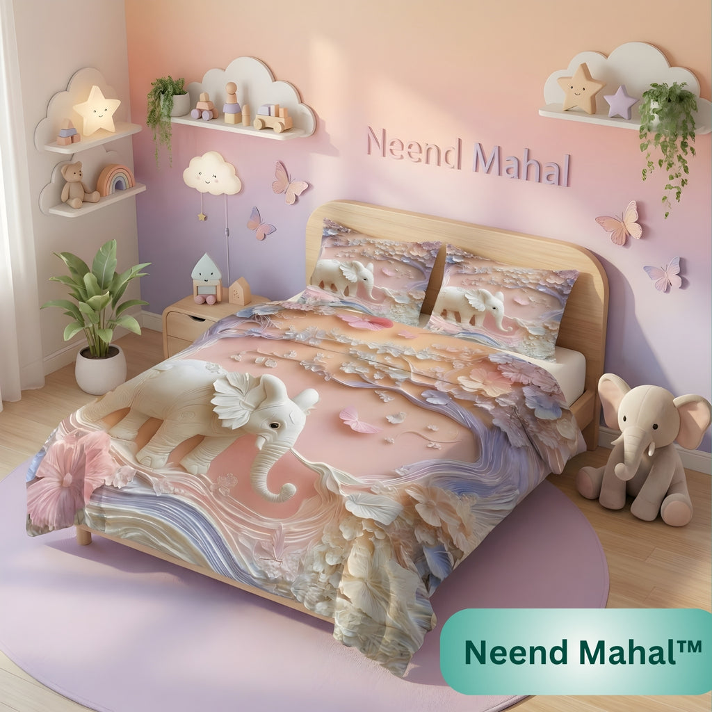 Neend Mahal Elephant Dreamland 7D kids bedsheet with 3D elephant and pastel floral design styled in a soft pink-purple children's bedroom