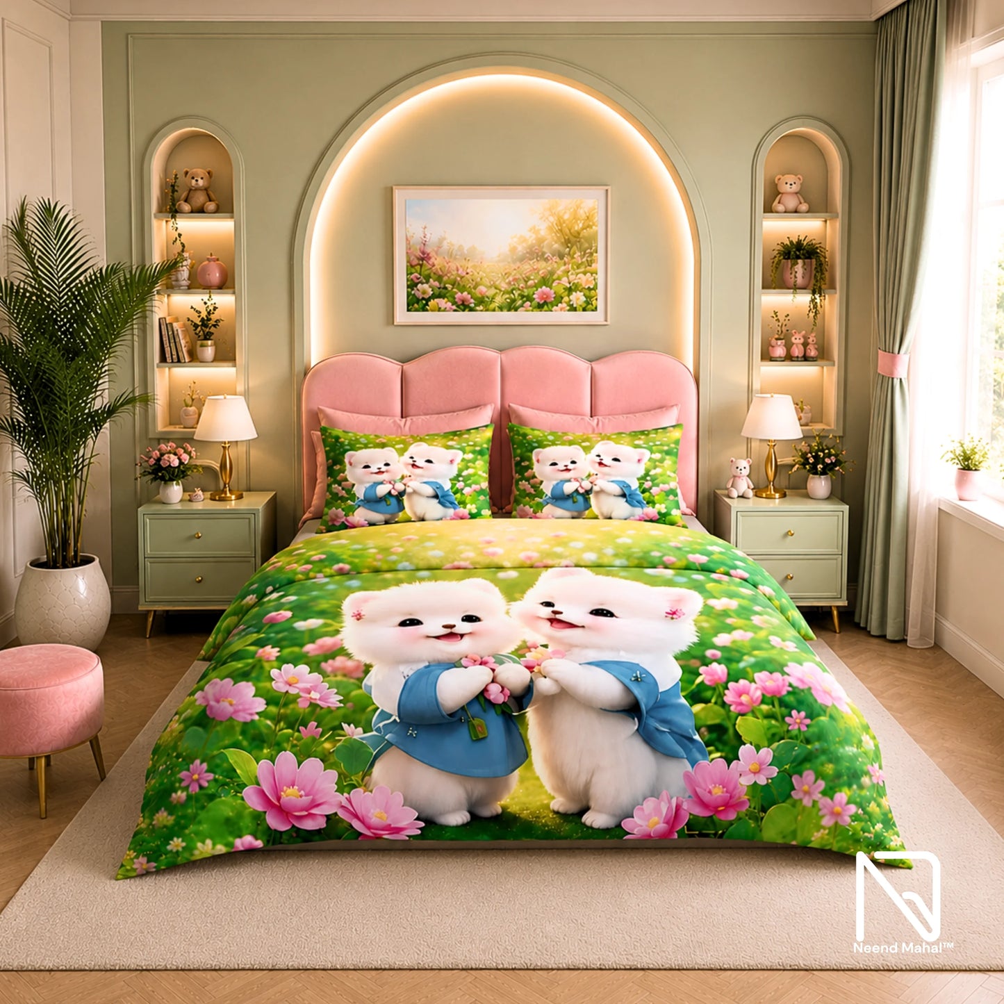 7D Bedsheet |  Bear Garden | King Size Bedsheet with 2 Pillow Covers