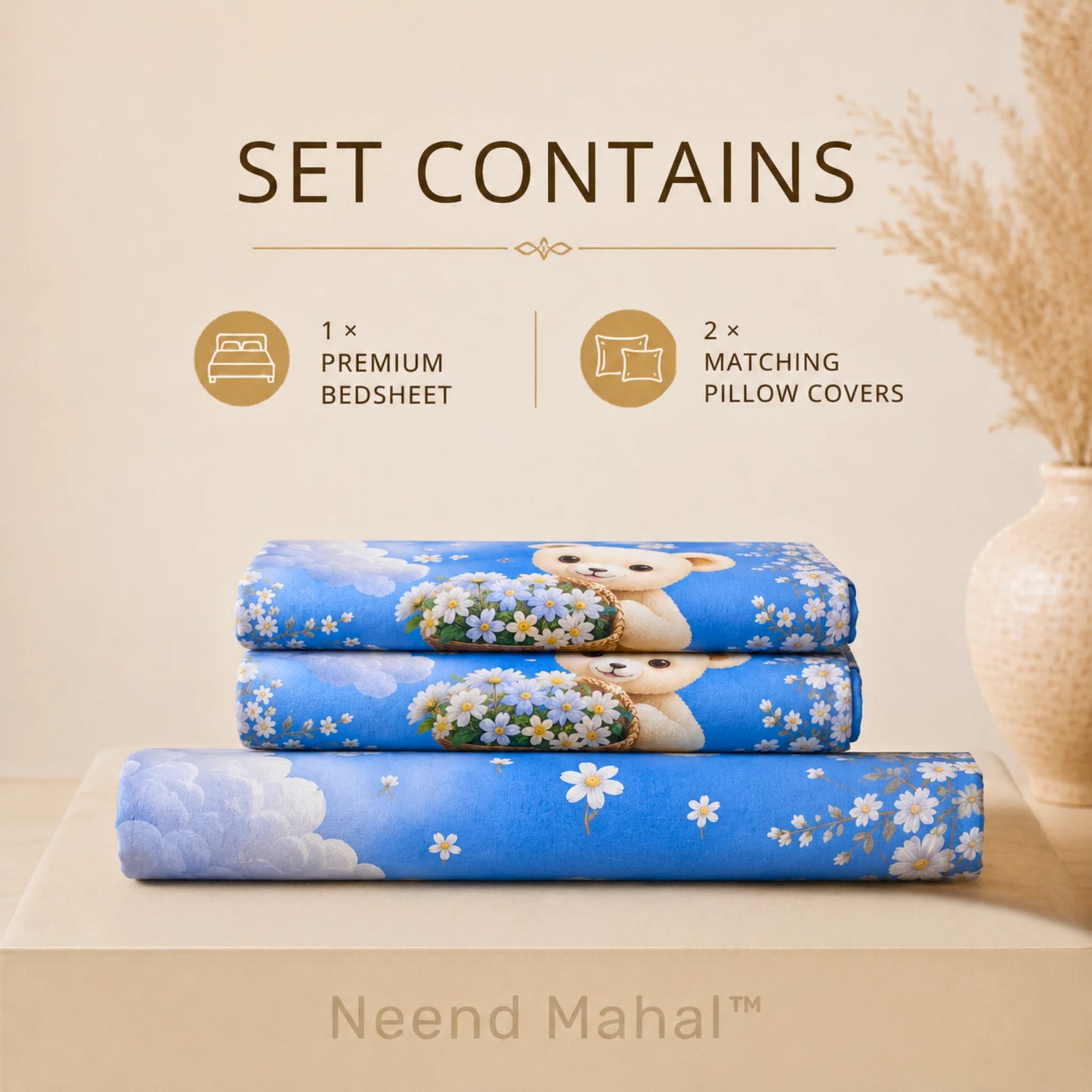 7D Bedsheet | Modern Fairy Teddy | Bedsheet with 2 Pillow Covers