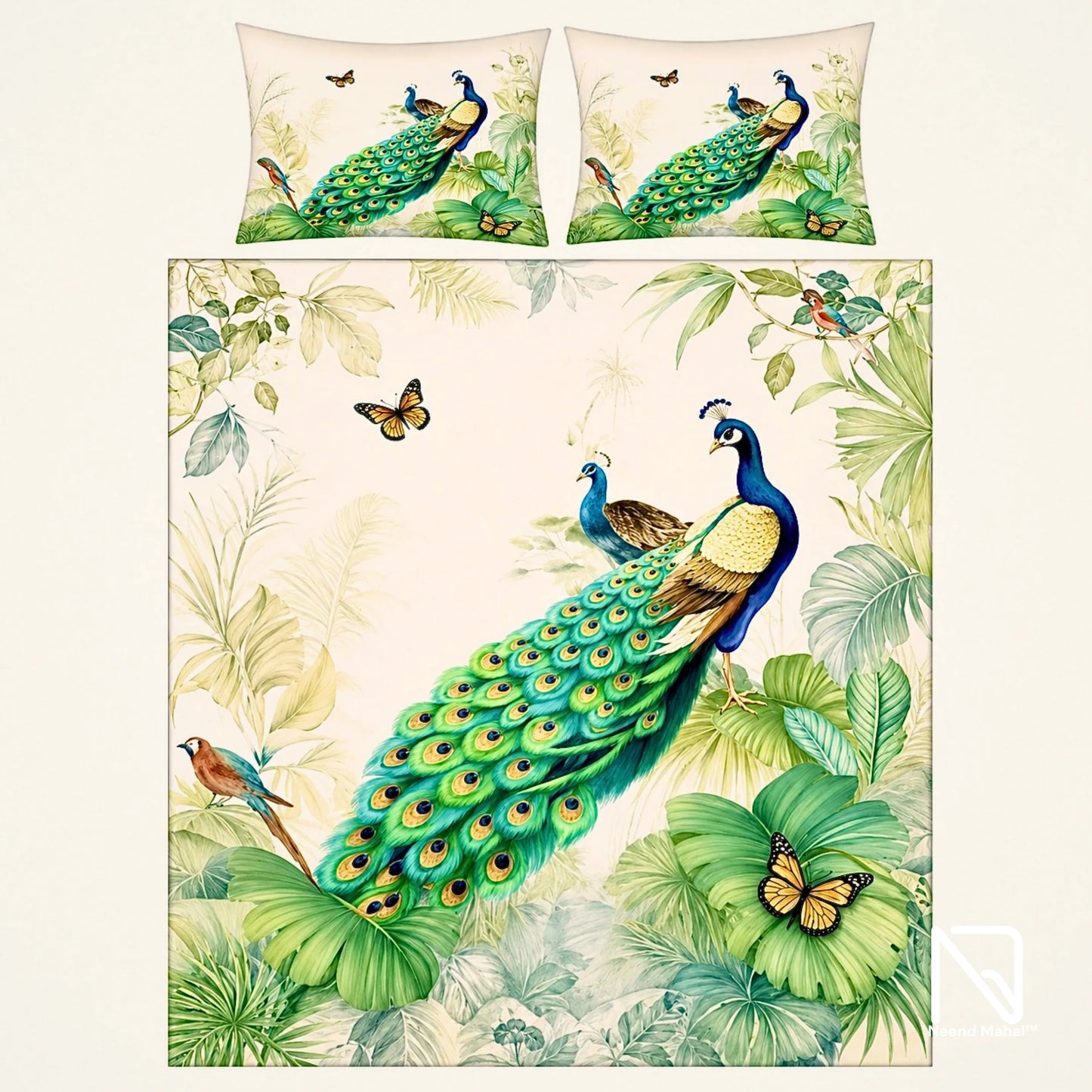 7D Bedsheet | Royal Peacock Paradise | King Size Bedsheet with 2 Pillow Covers