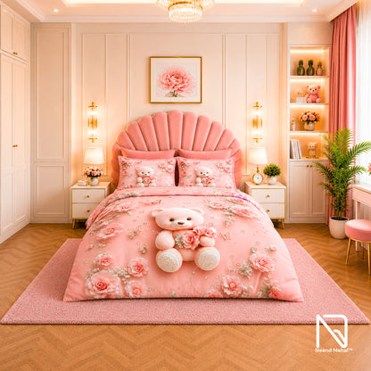 7D Bedsheet | Blush Teddy | Bedsheet with 2 Pillow Covers