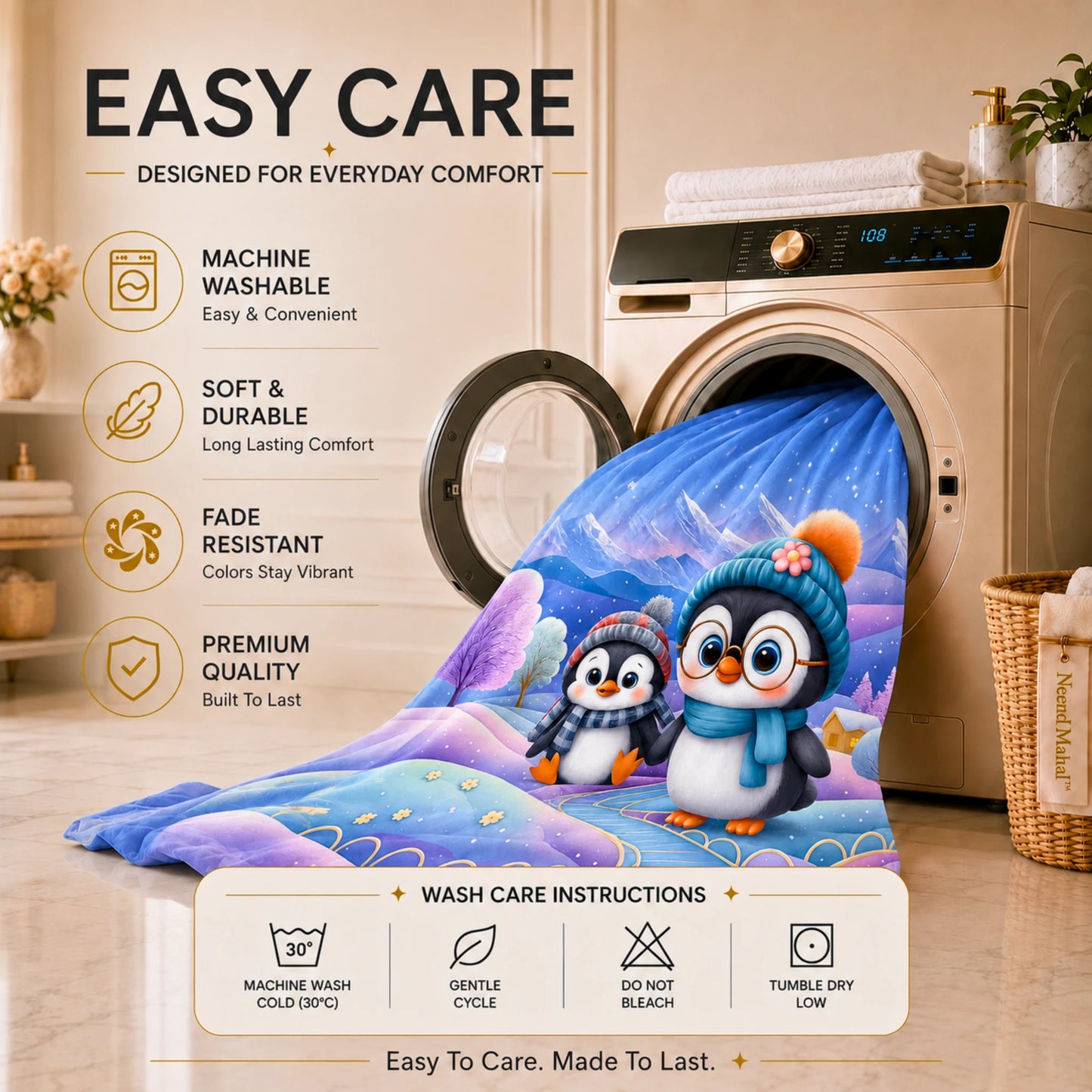 7D Bedsheet | Penguin Winter | King Size Bedsheet with 2 Pillow Covers