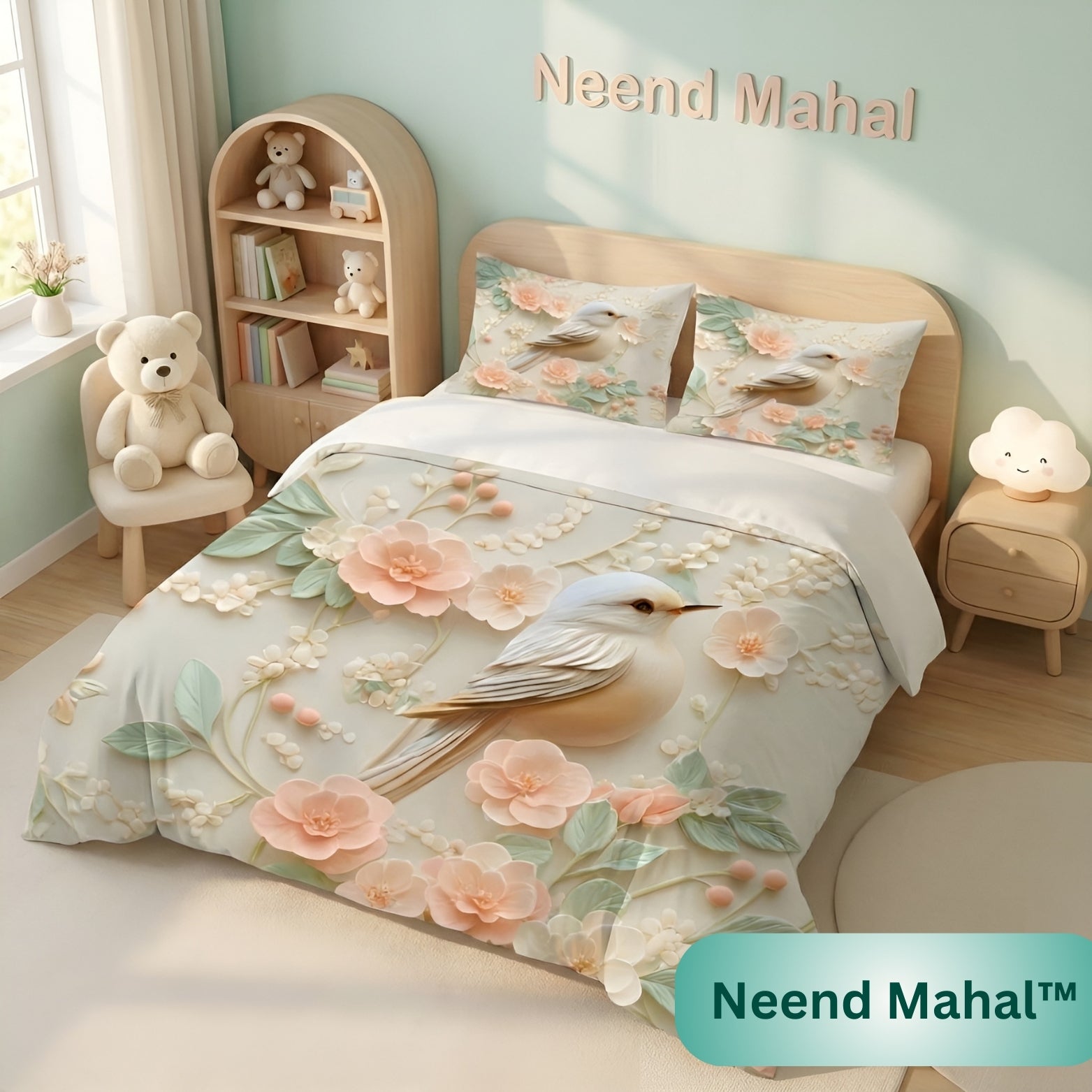 Spring Melody Birdsong 7D premium floral bedsheet with 3D bird print in a pastel kids bedroom – Neend Mahal cotton king size bedsheet