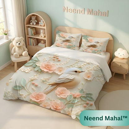 Luxury floral bird print bedsheet set with soft pastel tones for elegant bedroom decor
