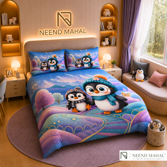 7D Bedsheet | Penguin Winter | King Size Bedsheet with 2 Pillow Covers