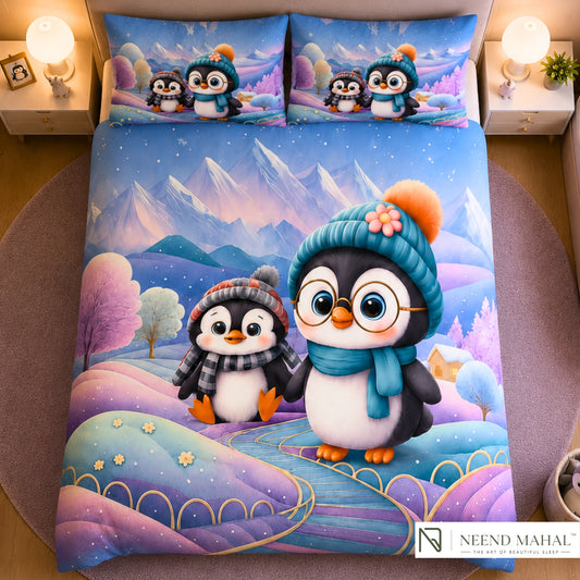 7D Bedsheet | Penguin Winter | King Size Bedsheet with 2 Pillow Covers