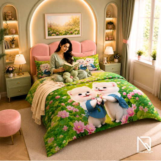 7D Bedsheet |  Bear Garden | King Size Bedsheet with 2 Pillow Covers