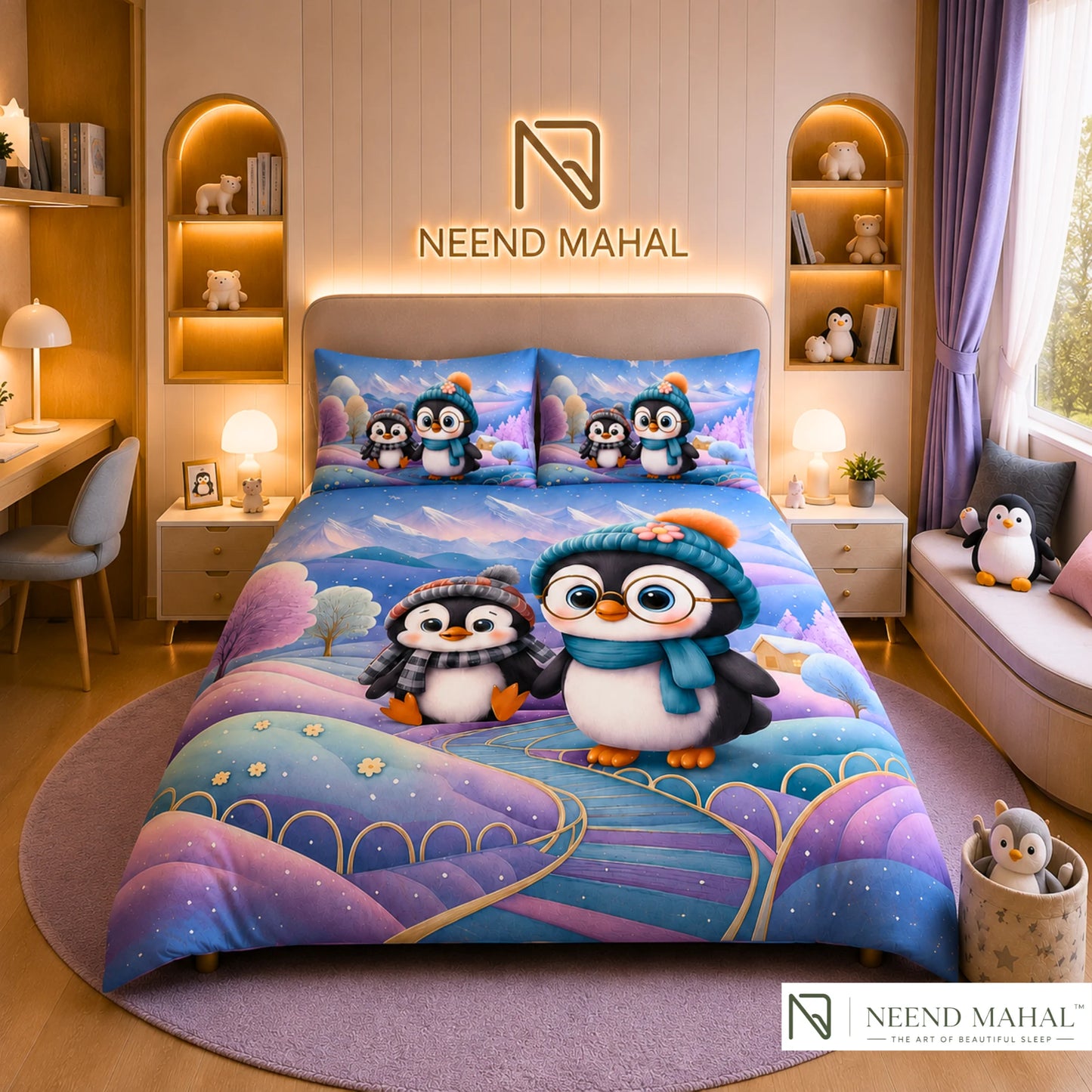 7D Bedsheet | Penguin Winter | King Size Bedsheet with 2 Pillow Covers