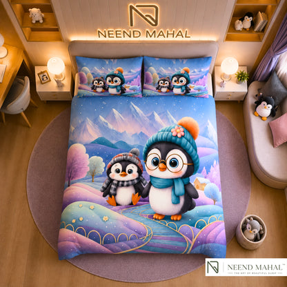 7D Bedsheet | Penguin Winter | King Size Bedsheet with 2 Pillow Covers