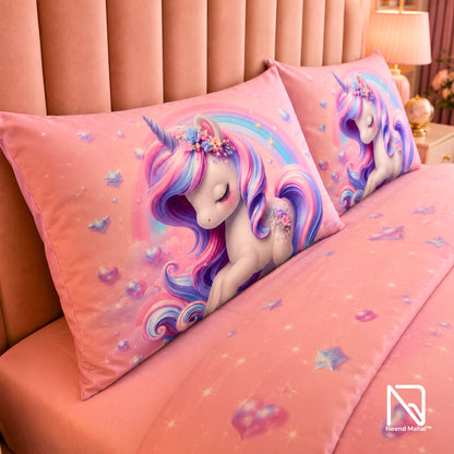7D Bedsheet | Rainbow Unicorn | King Size Bedsheet with 2 Pillow Covers